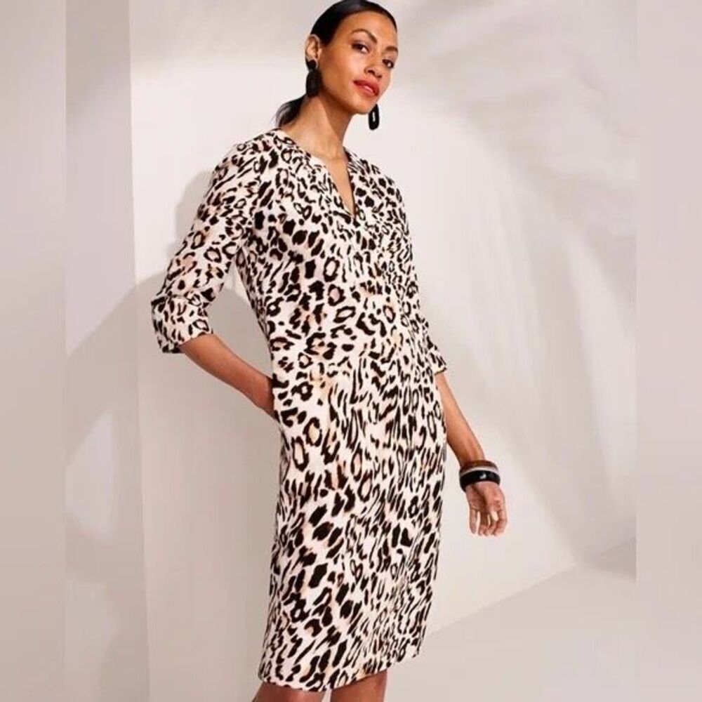 Chico’s 100% Linen Leopard Animal Print Shift Dress Sz 12 Pockets